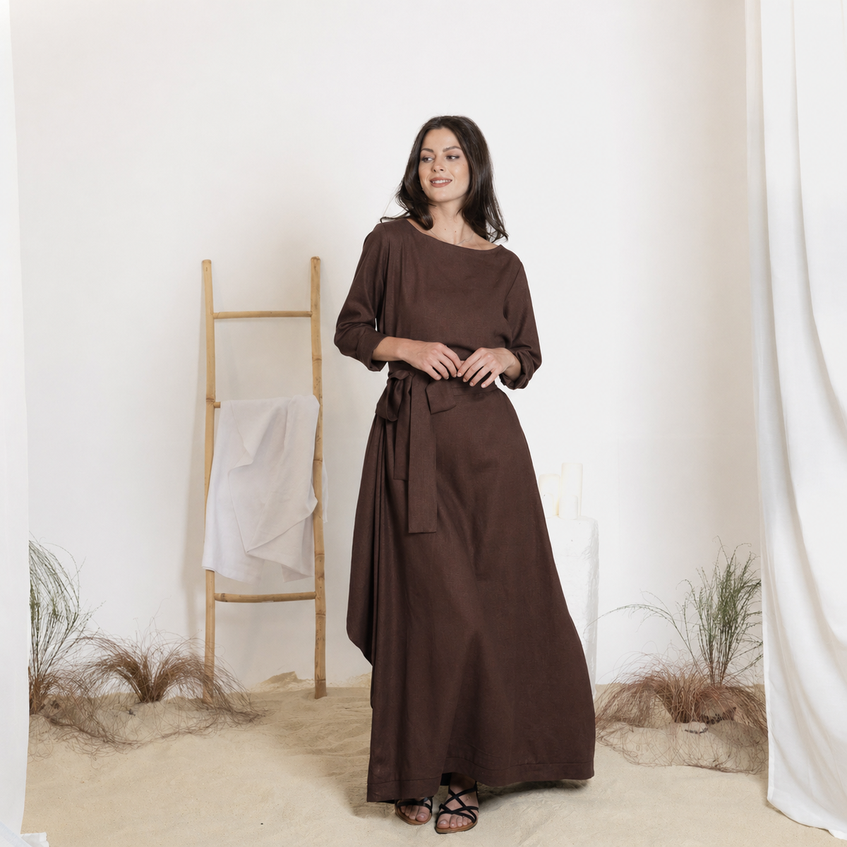 Maxi linen dress in chocolate color