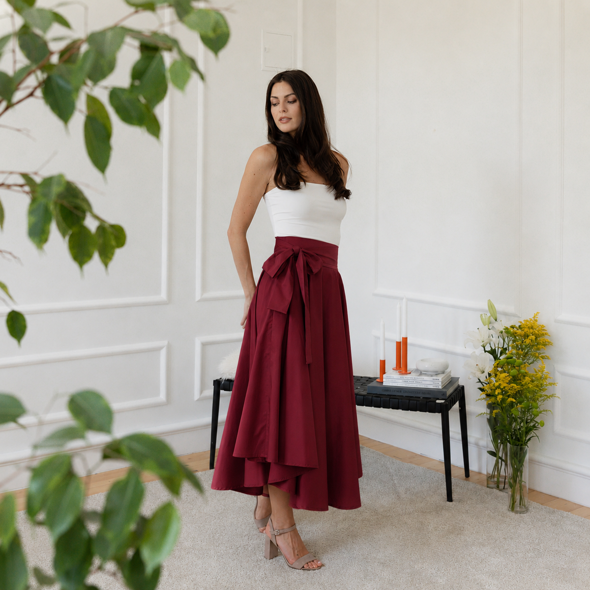 Midi cotton burgundy skirt