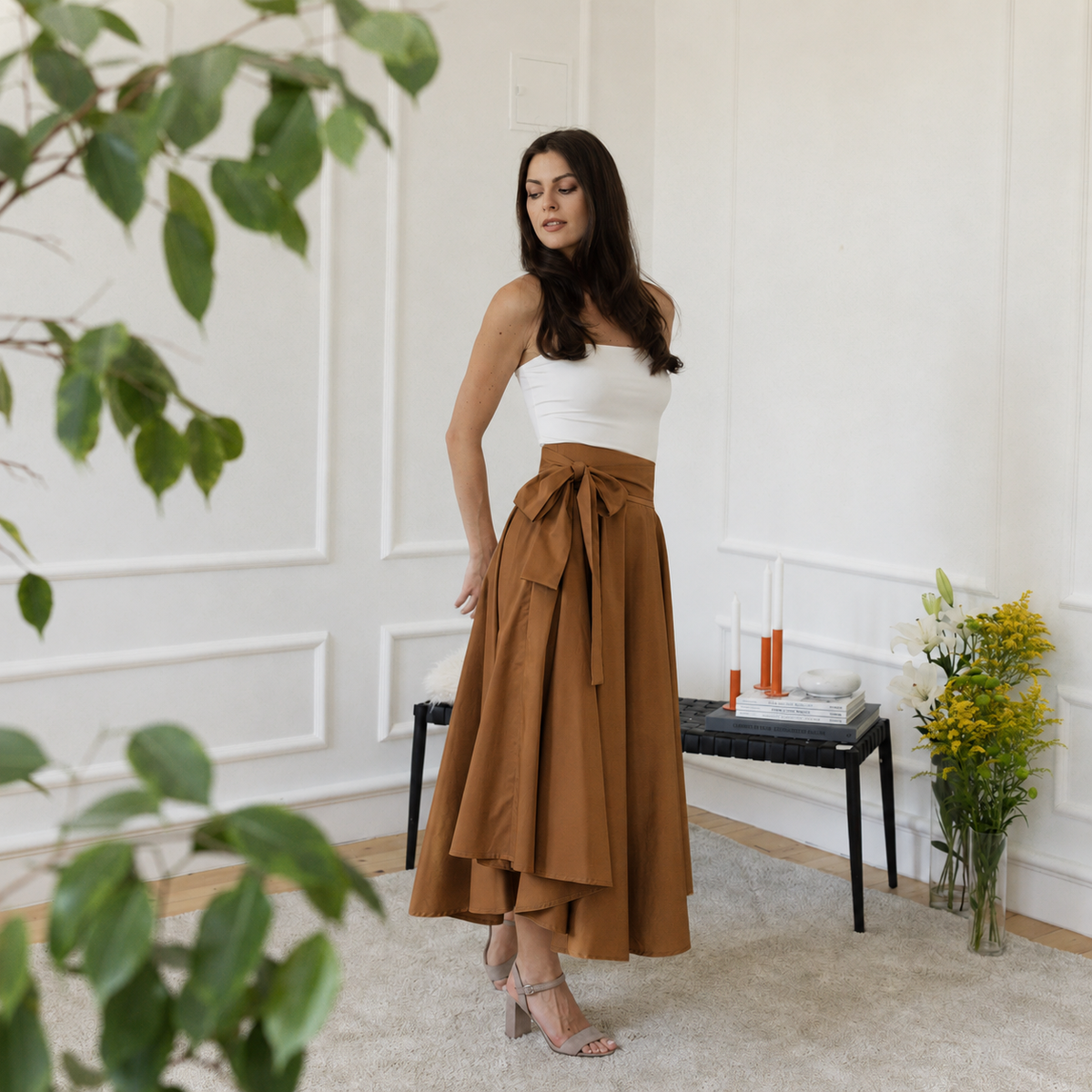 Midi cotton high-waist skirt