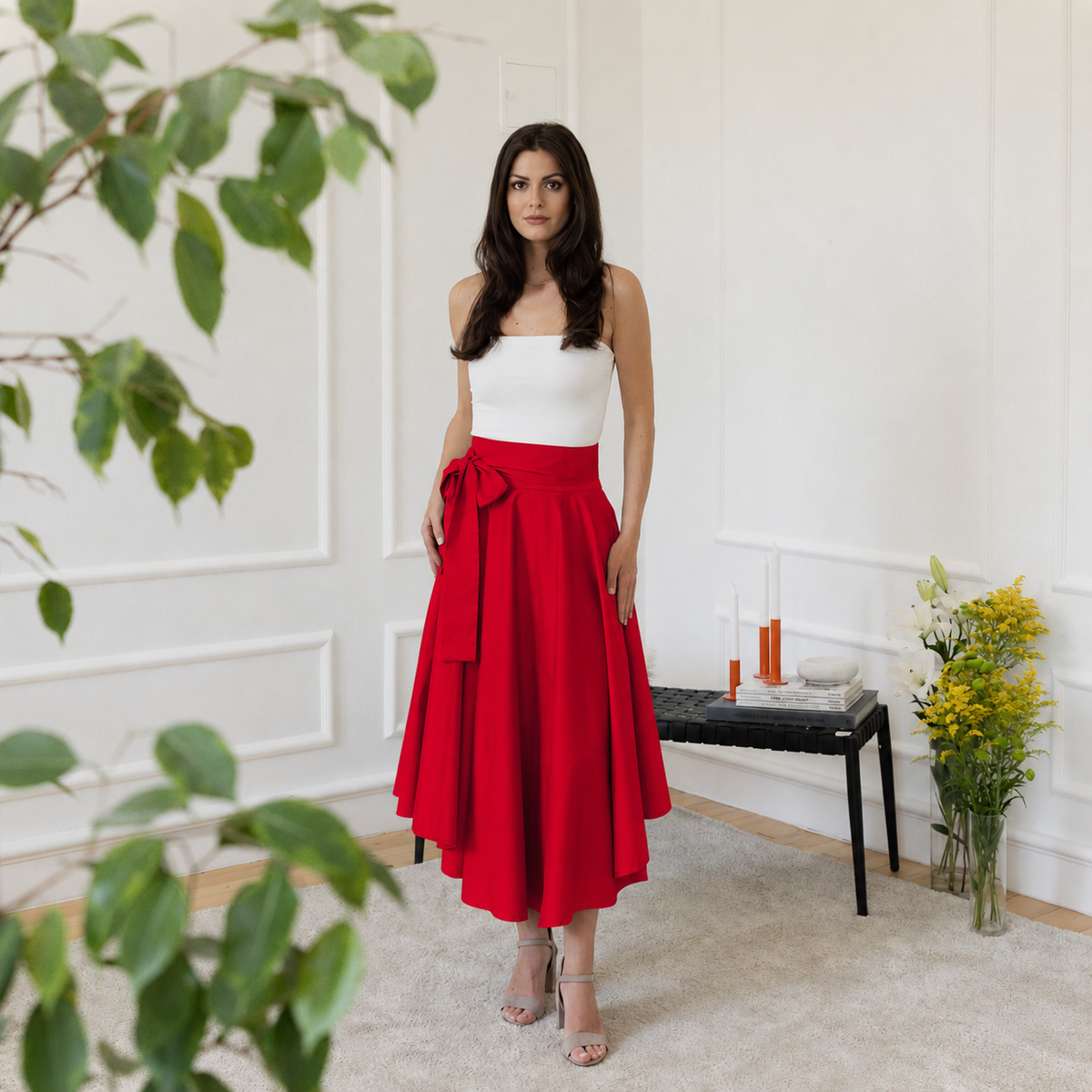 Midi cotton red skirt with bow