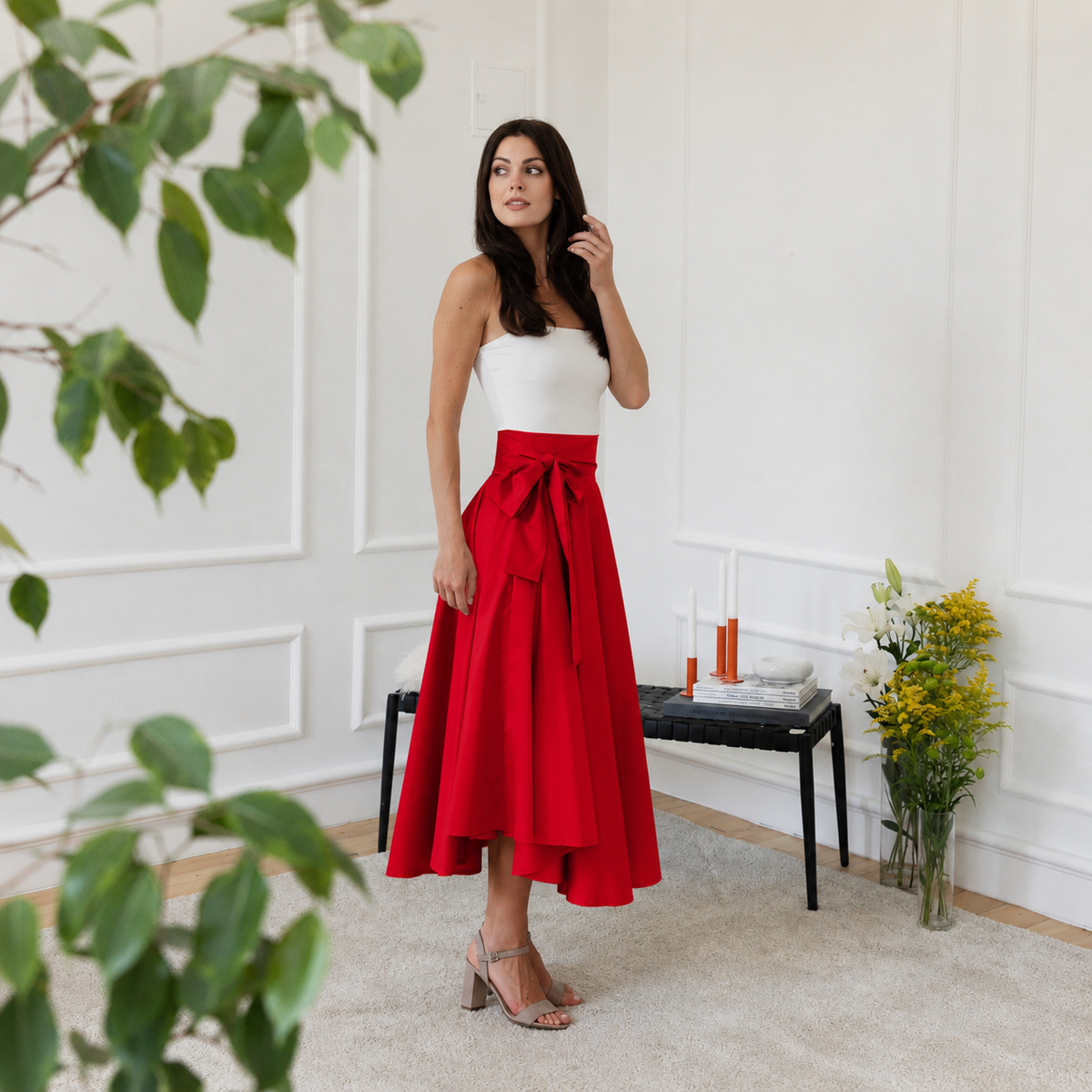 Side view of high waist midi cotton skirt