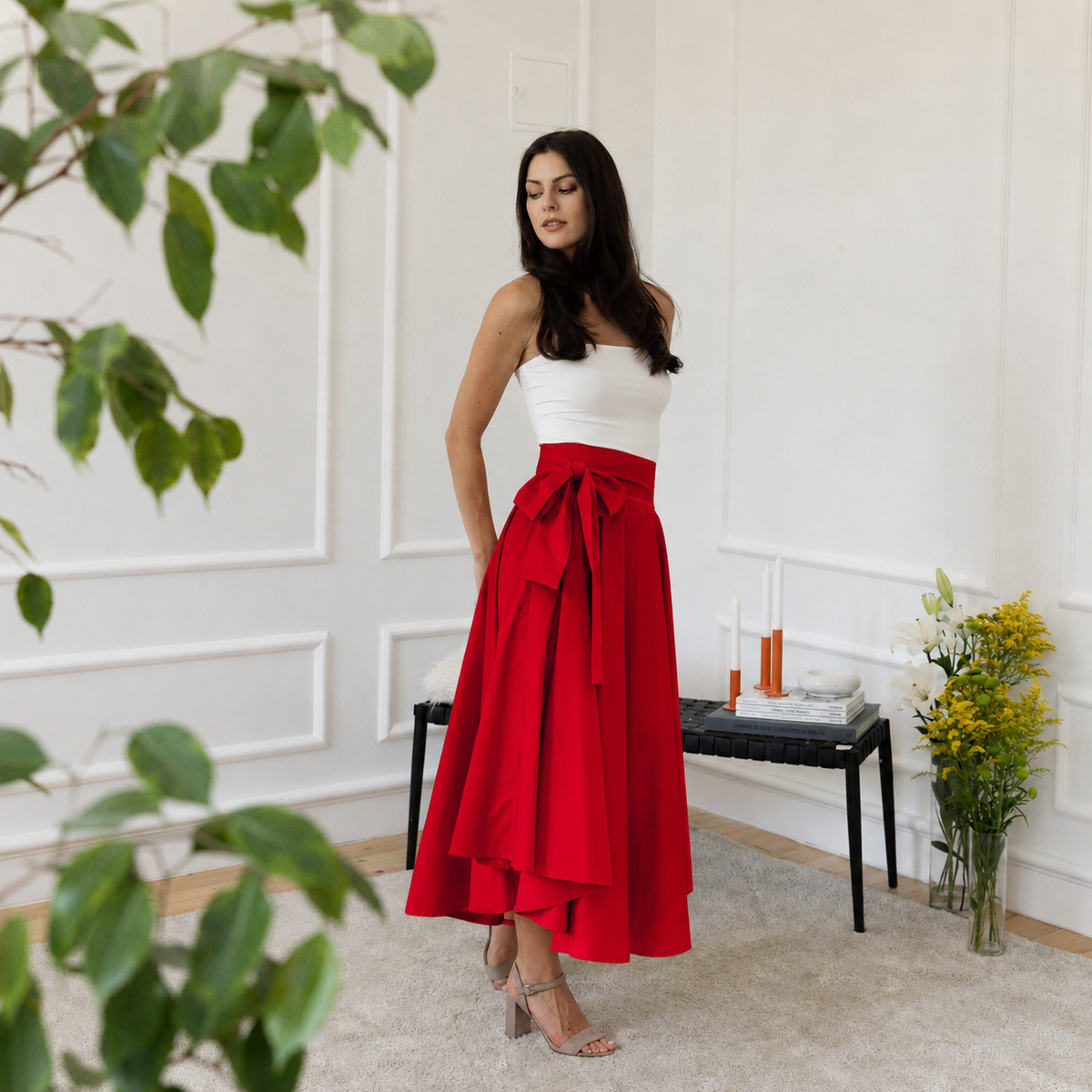 Midi cotton red skirt with bow