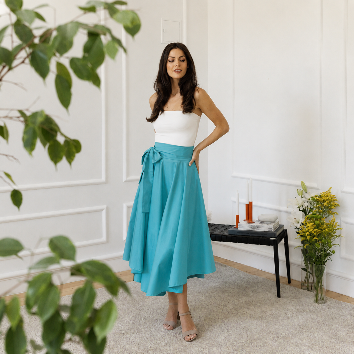 High waist cotton skirt with bow