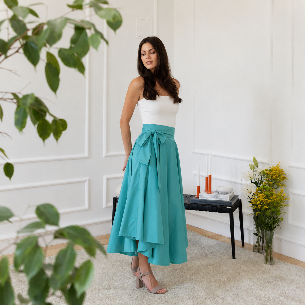Turquoise high waist skirt with bow