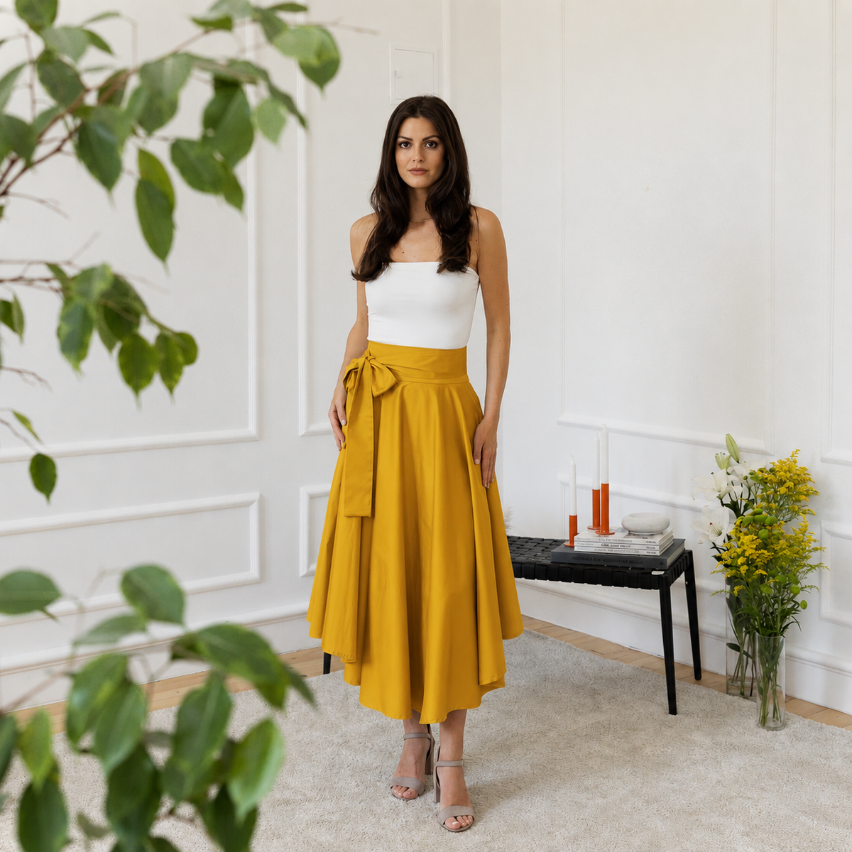 Midi cotton high waist skirt