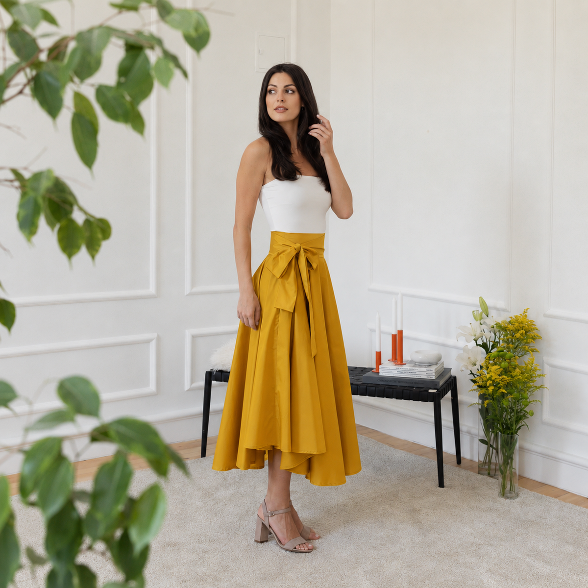 Cotton high waist skirt with bow
