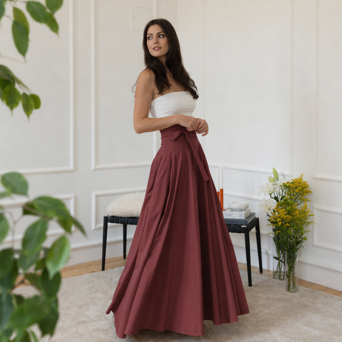 Maxi cotton skirt with high-waist