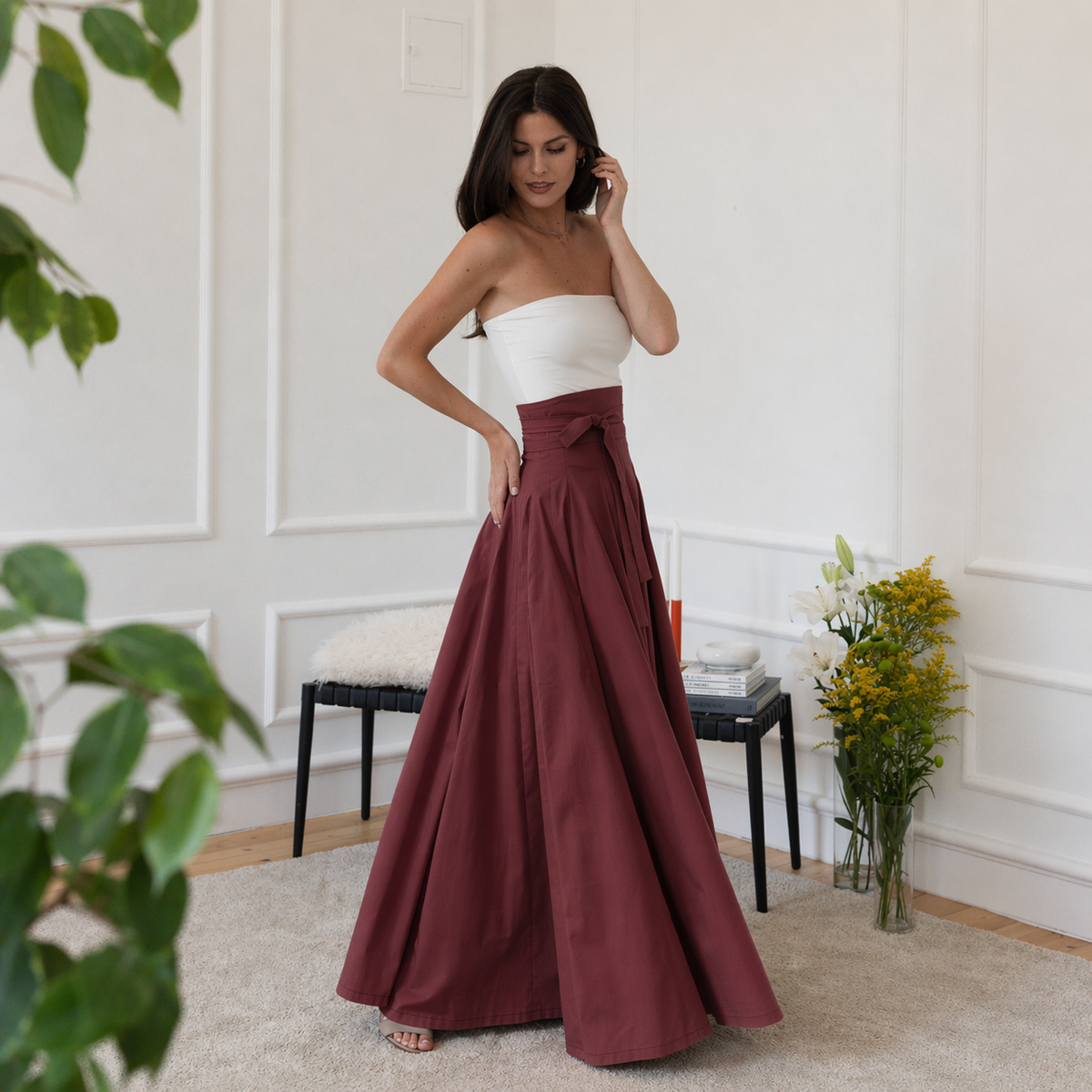 Maxi cotton burgundy skirt