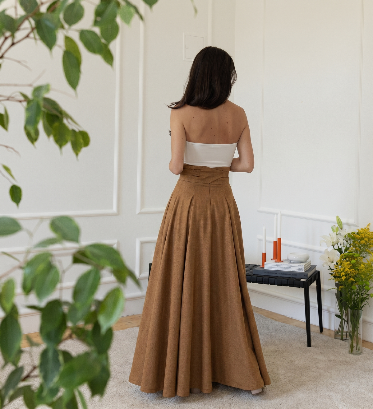 High waist cotton skirt in light brown