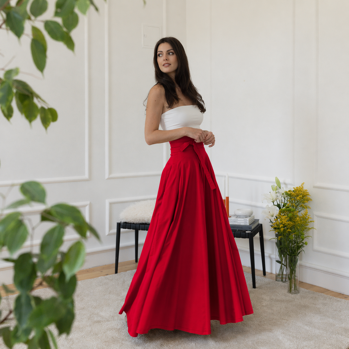 Side view of maxi cotton red skirt