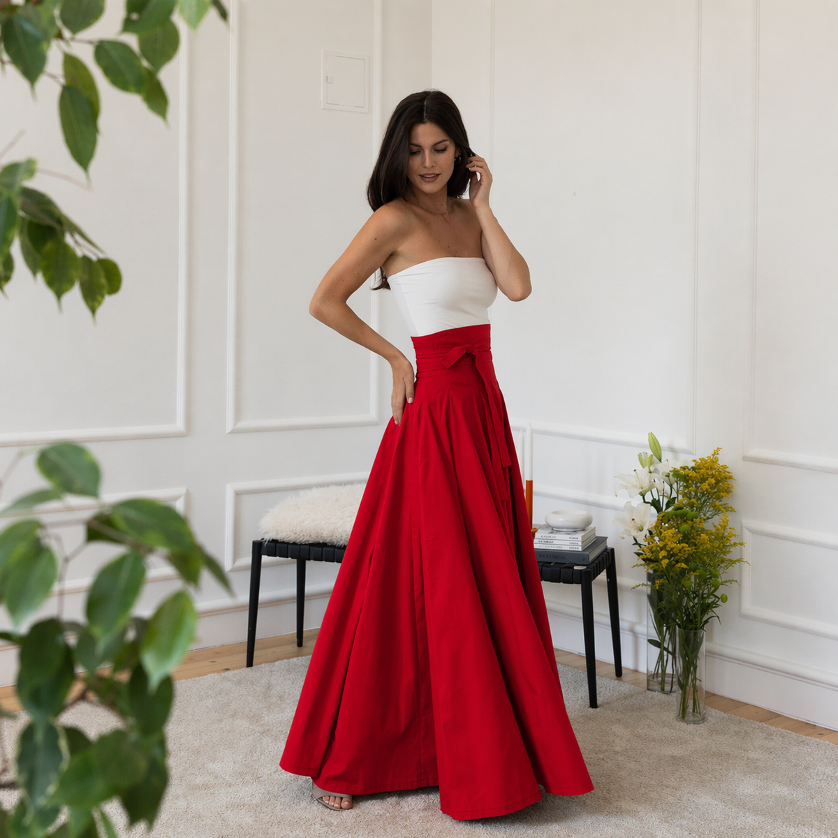 Maxi cotton high waist skirt with bow detail
