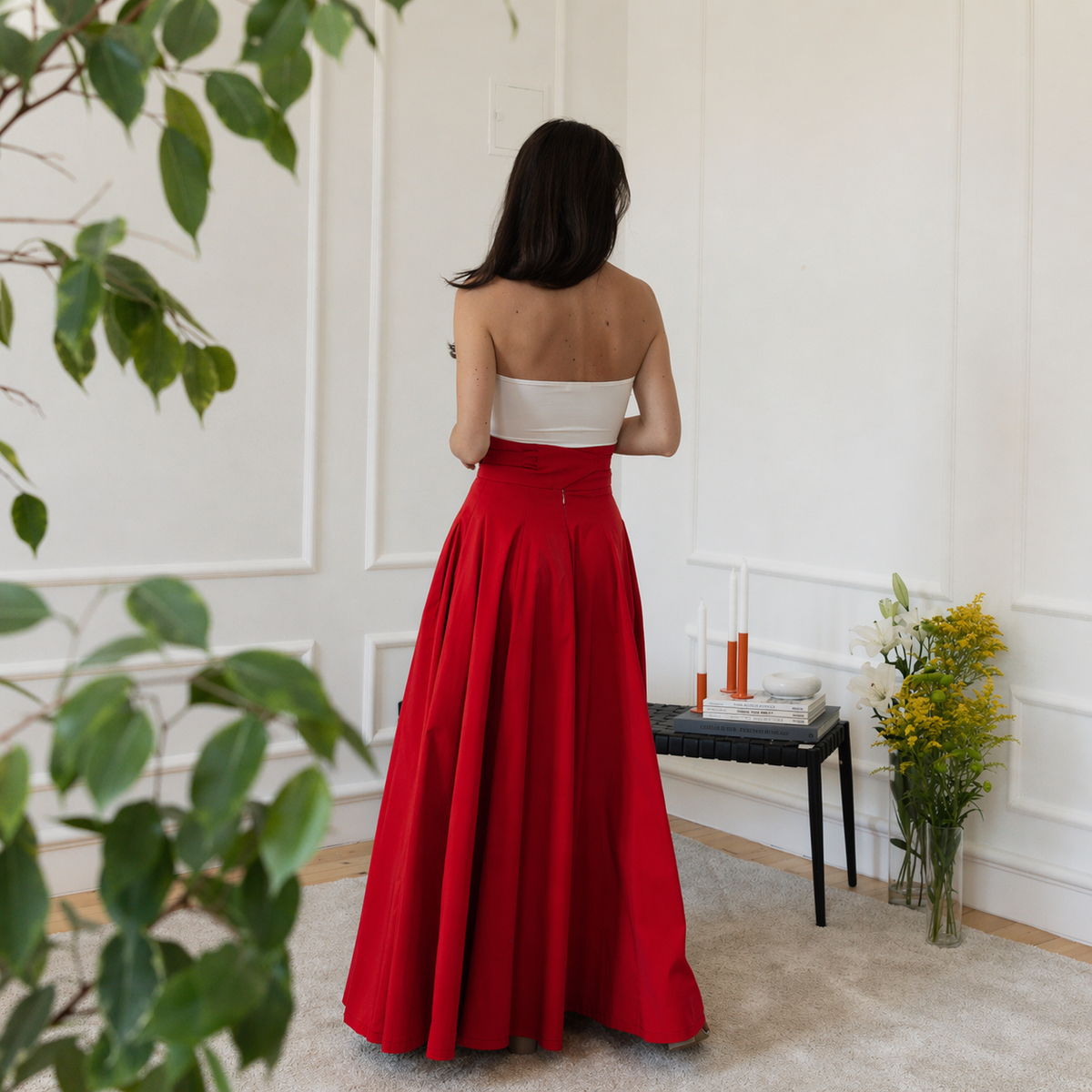 Back view of red cotton skirt