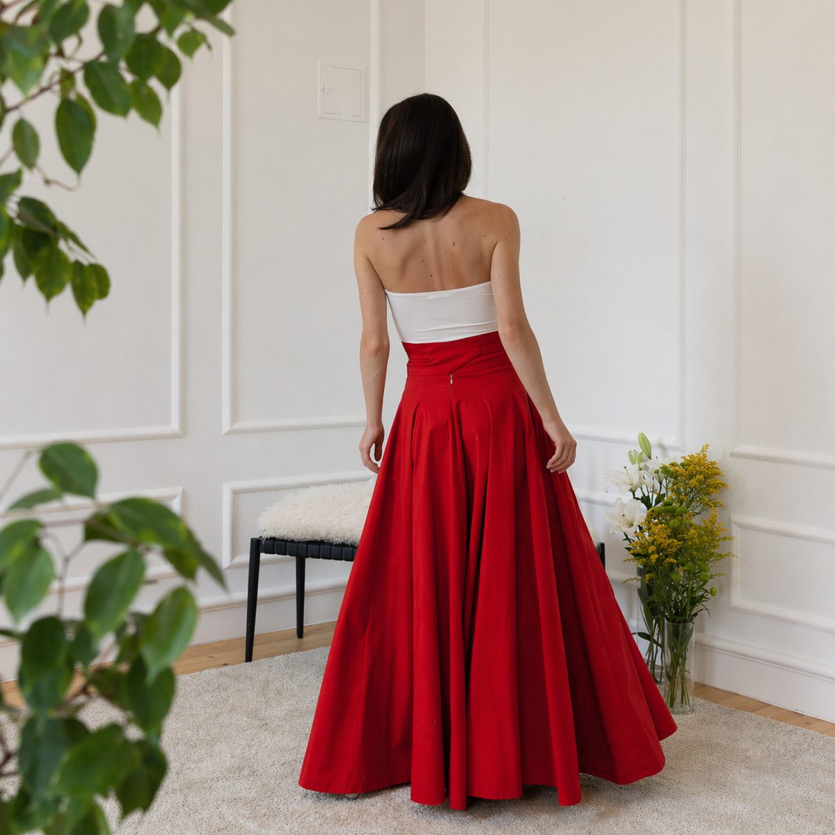 Red cotton high waist skirt