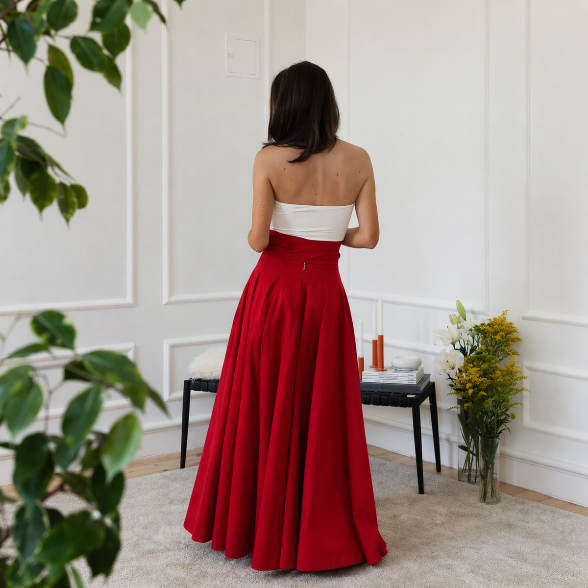 High waist cotton red skirt