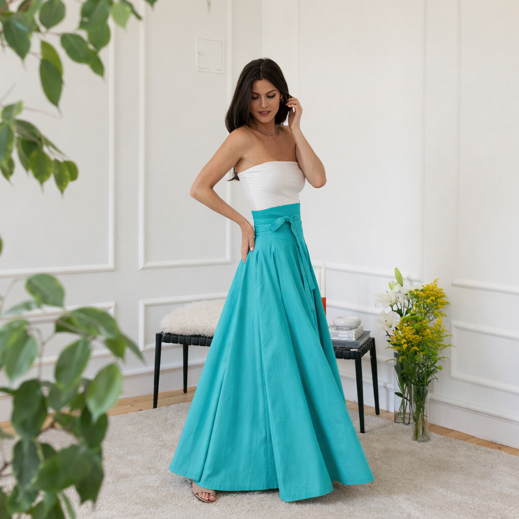 Maxi cotton skirt in turquoise color