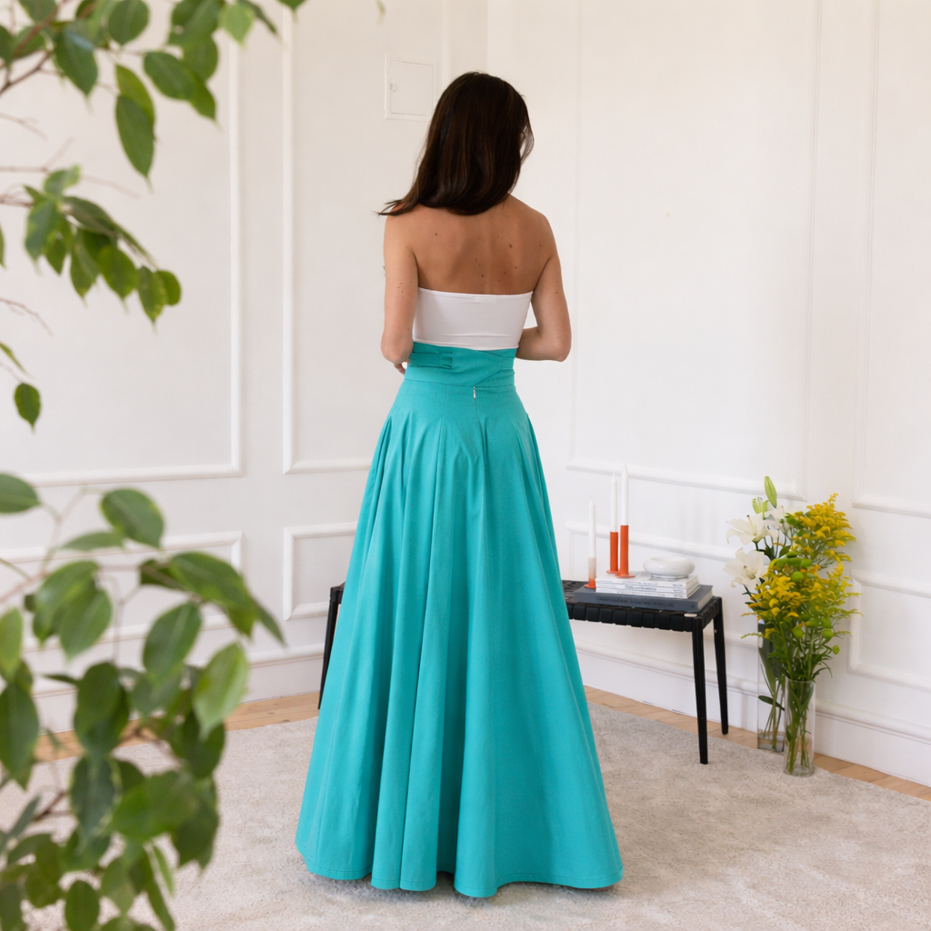 High waist cotton skirt in turquoise color