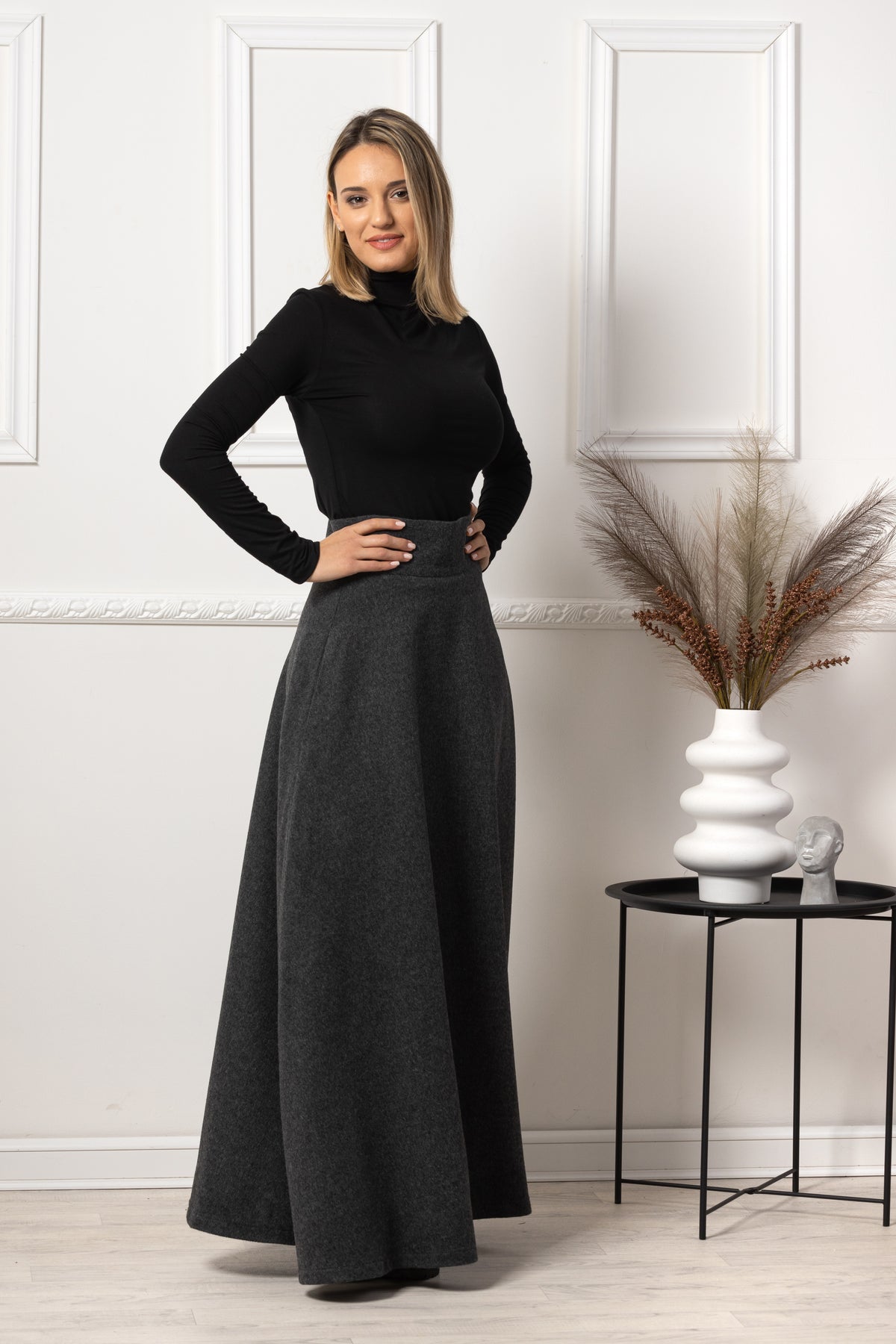 Dark Gray High Waisted Wool Maxi Skirt from NikkaPlace | Effortless fashion for easy living