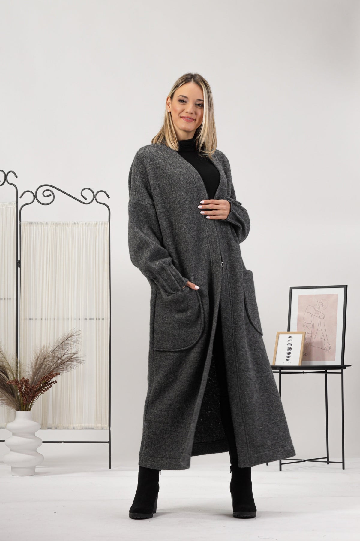 Charcoal Warm Wool Maxi Cardigan Two Deep Pockets - from Nikka Place | Effortless fashion for easy living