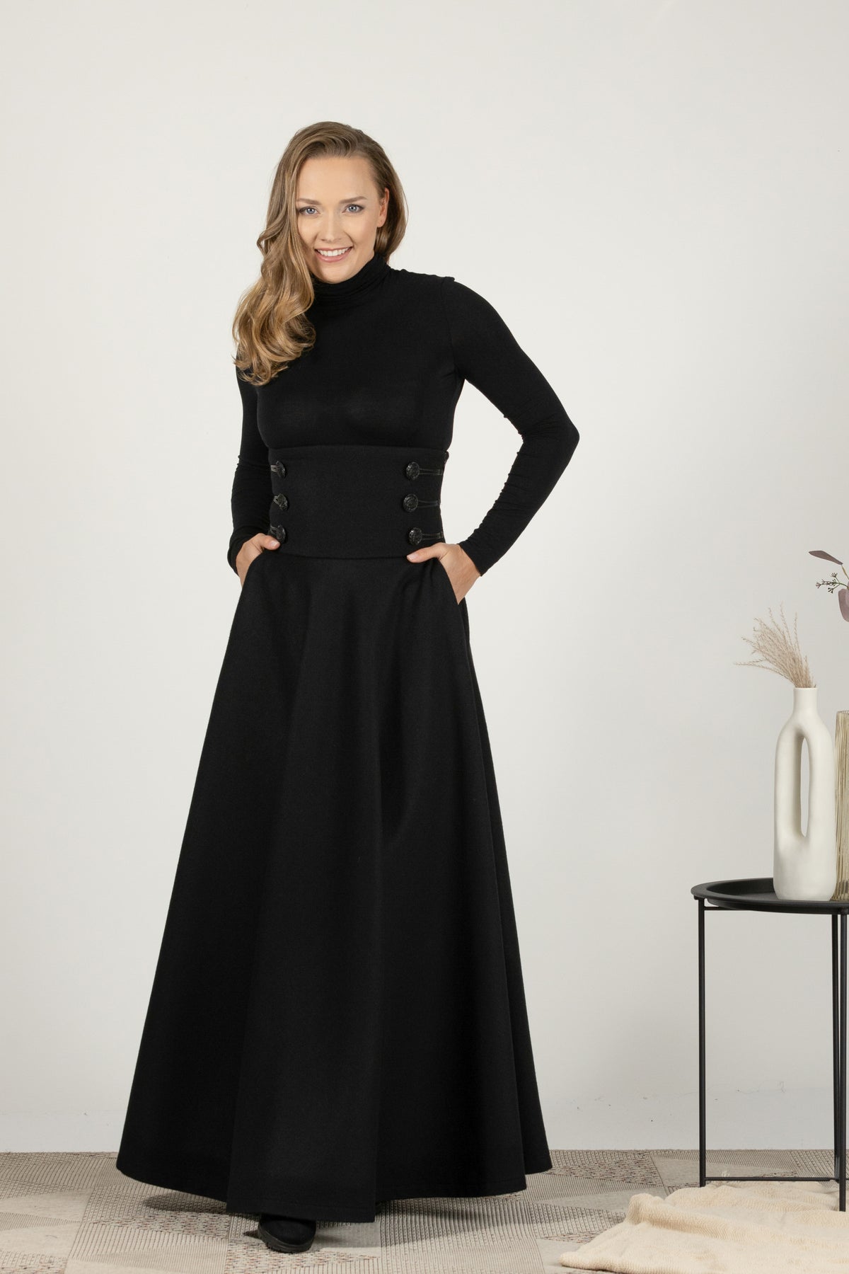 Black wool maxi skirt with high waist and buttons