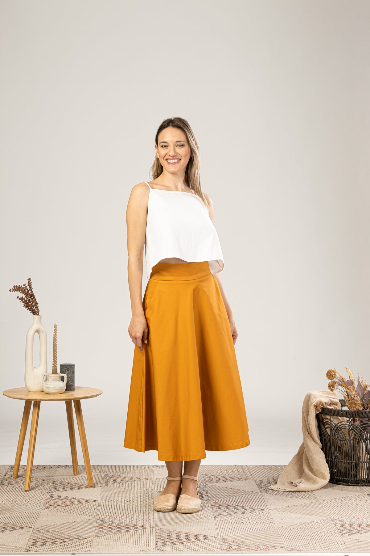 Deep Yellow Midi Flared Circle Skirt for everyday outfit - from NikkaPlace | Effortless fashion for easy living