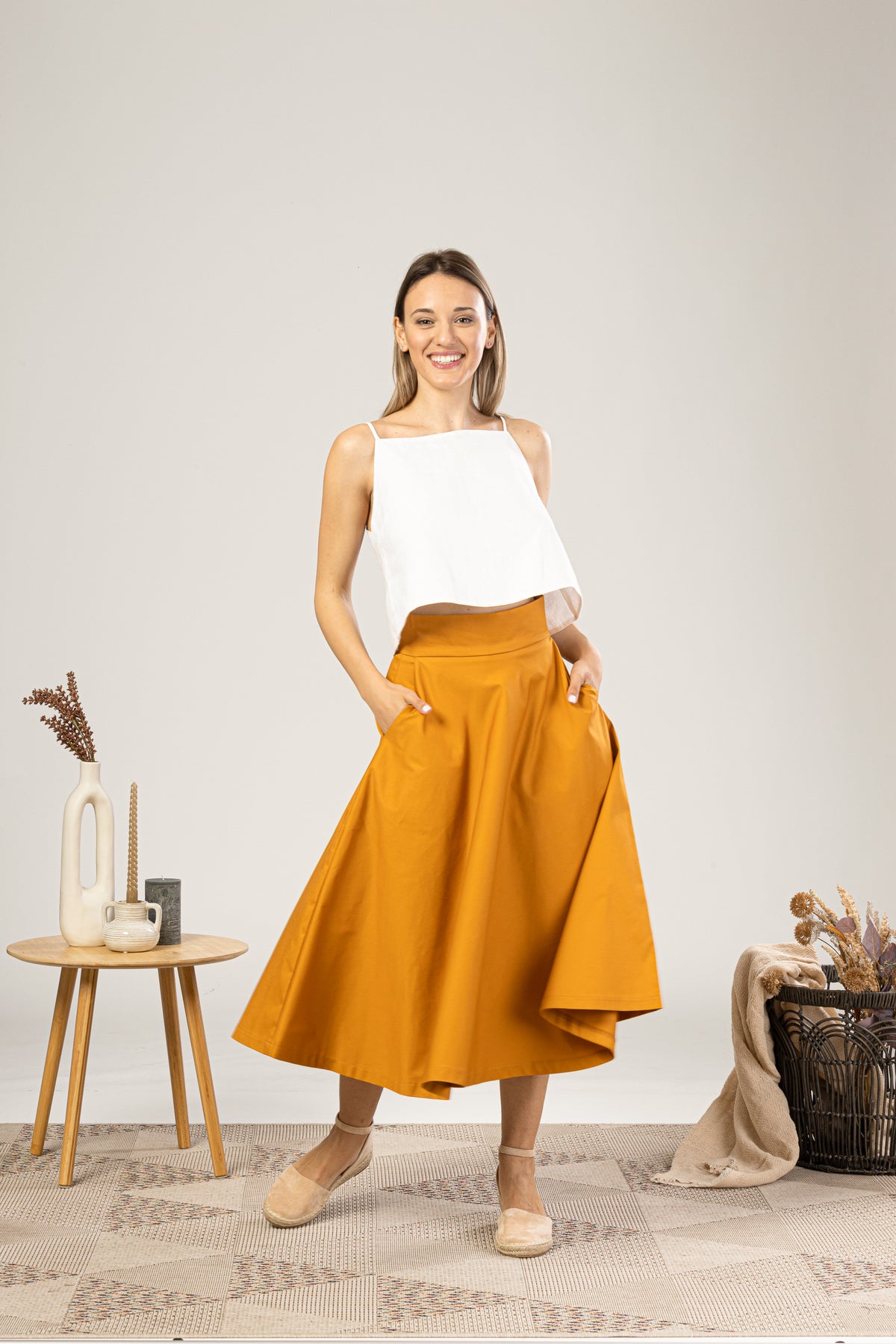 Deep Yellow Midi Flared Circle Skirt for everyday outfit - from NikkaPlace | Effortless fashion for easy living