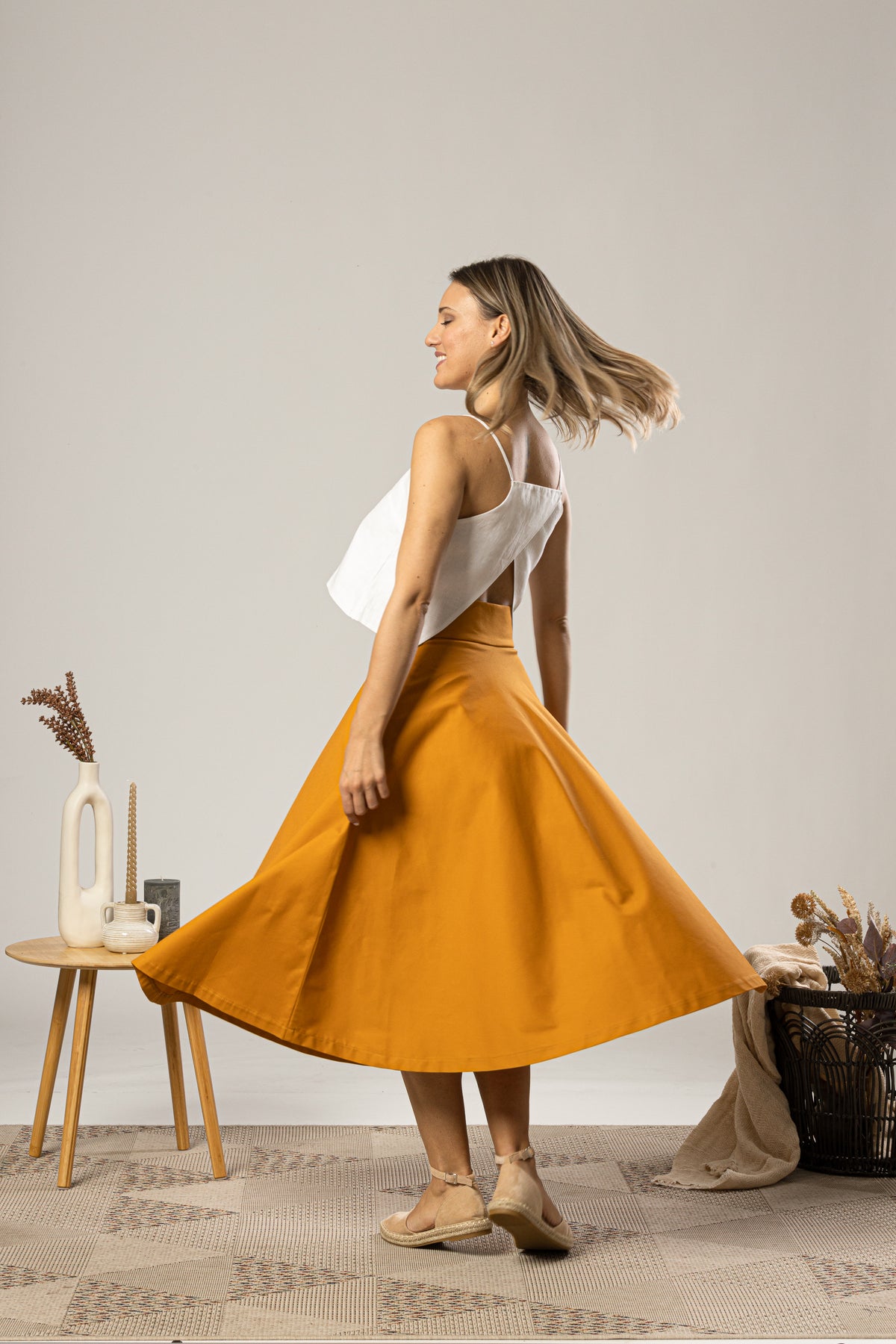 Deep Yellow Midi Flared Circle Skirt for everyday outfit - from NikkaPlace | Effortless fashion for easy living
