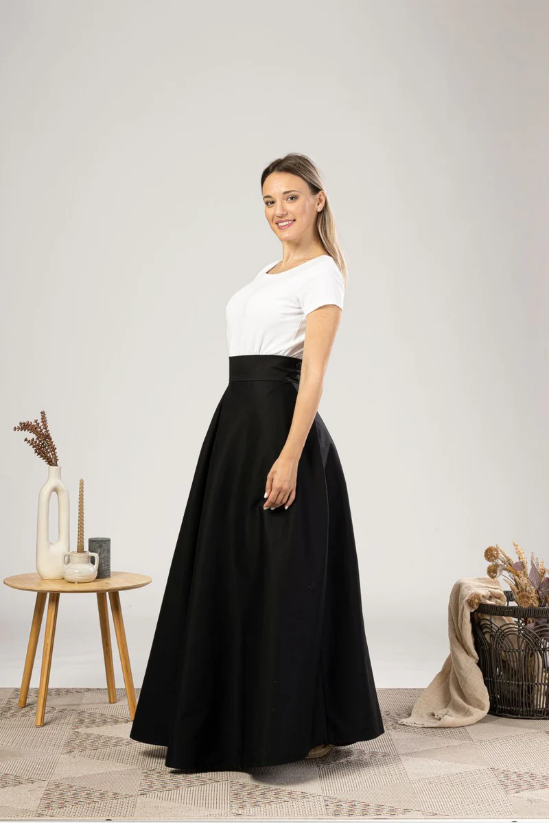 Side view showing Victorian-style skirt