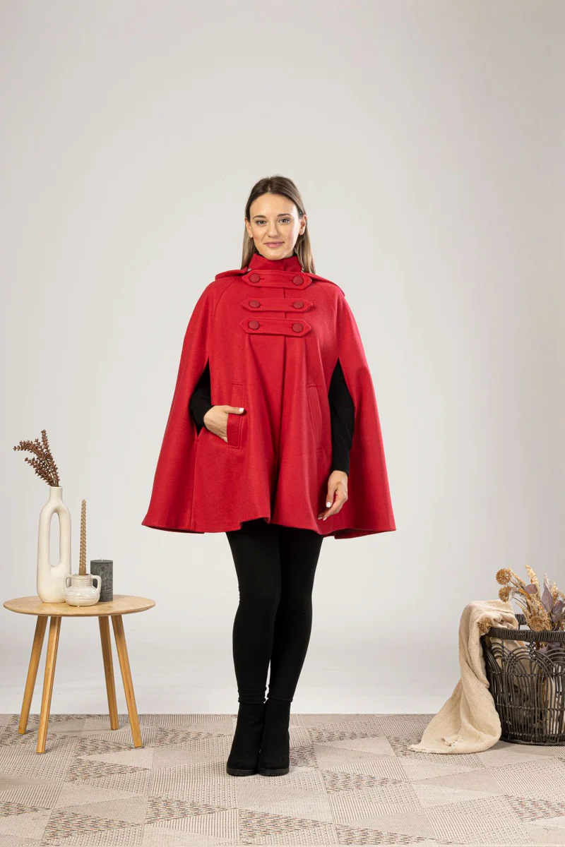 Red Stylish cape-style coat for cooler weather