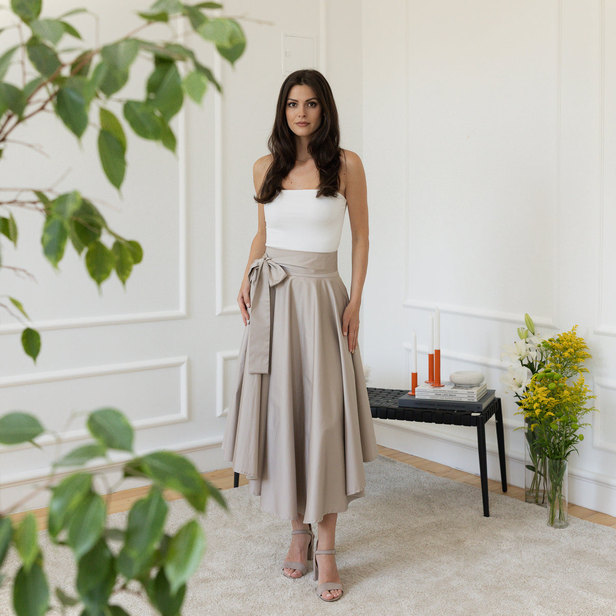 Front view of cotton asymmetric skirt