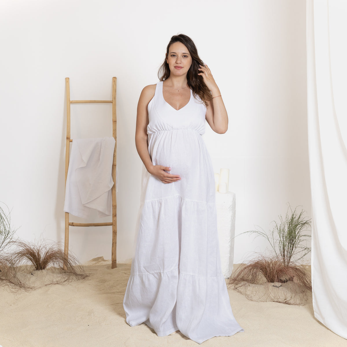 Front view of maxi linen sleeveless dress