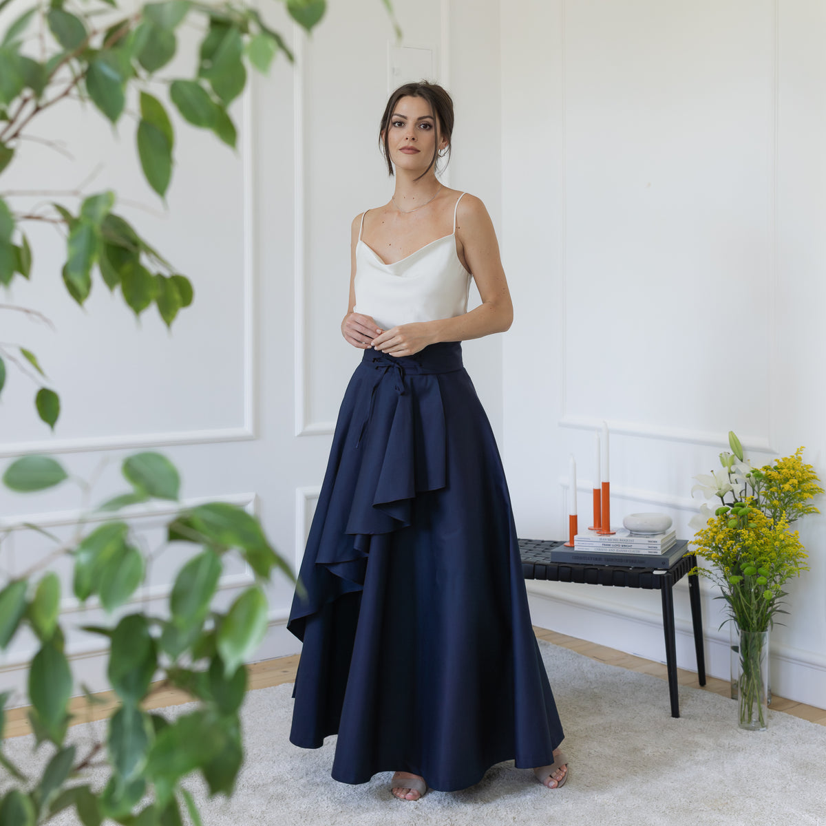 Front view of maxi cotton skirt in dark blue