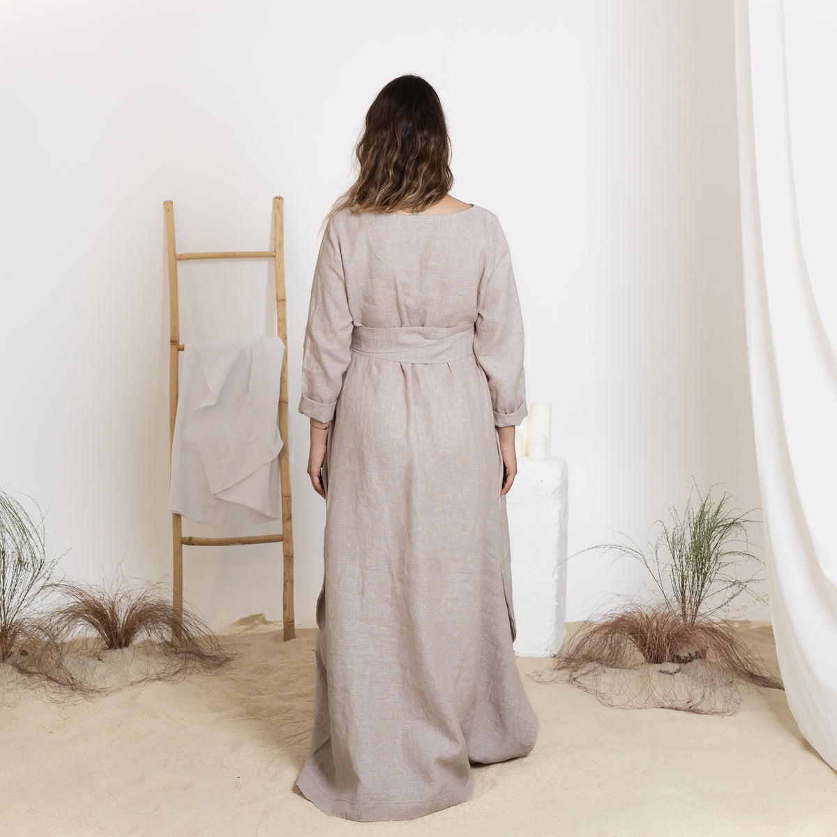 Back view of maxi natural linen dress