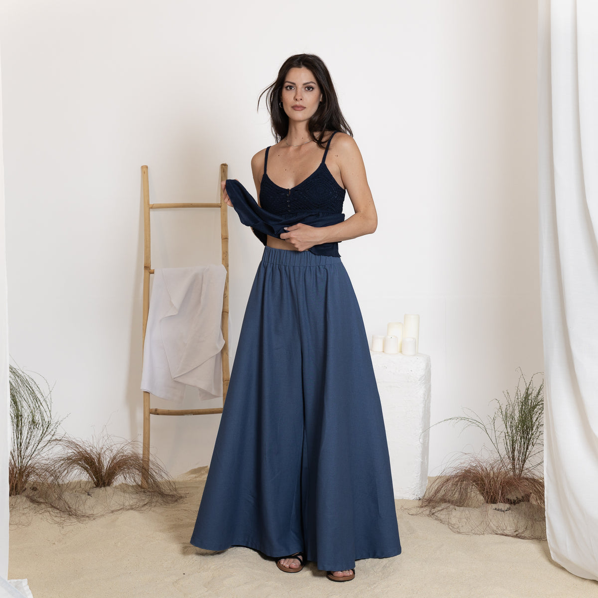 Palazzo linen pants in slate blue color
