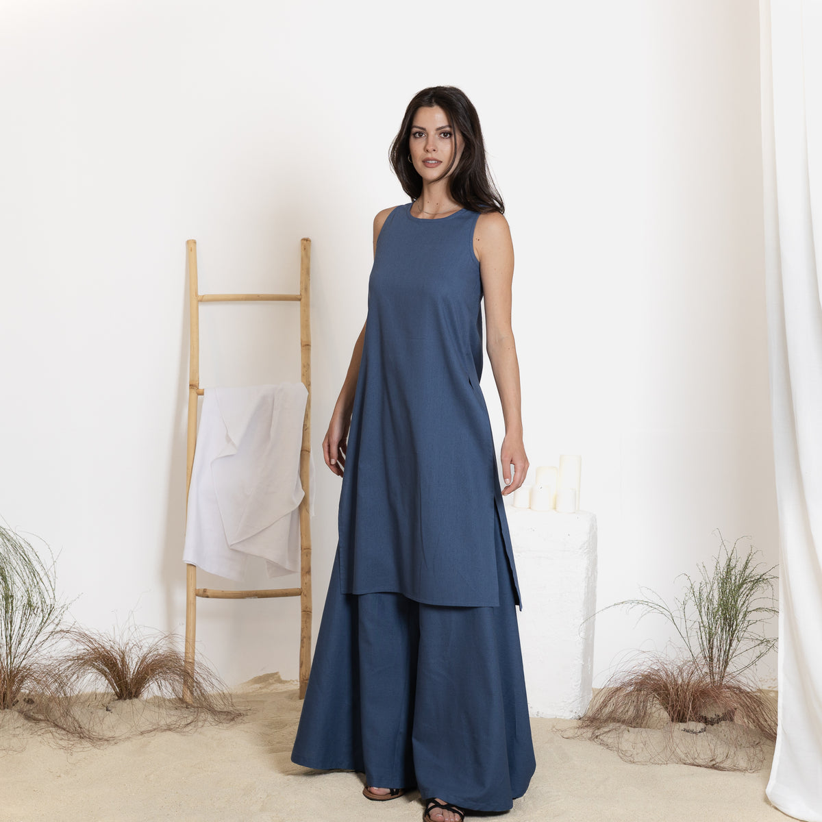 Front view of linen set of tunic and pants