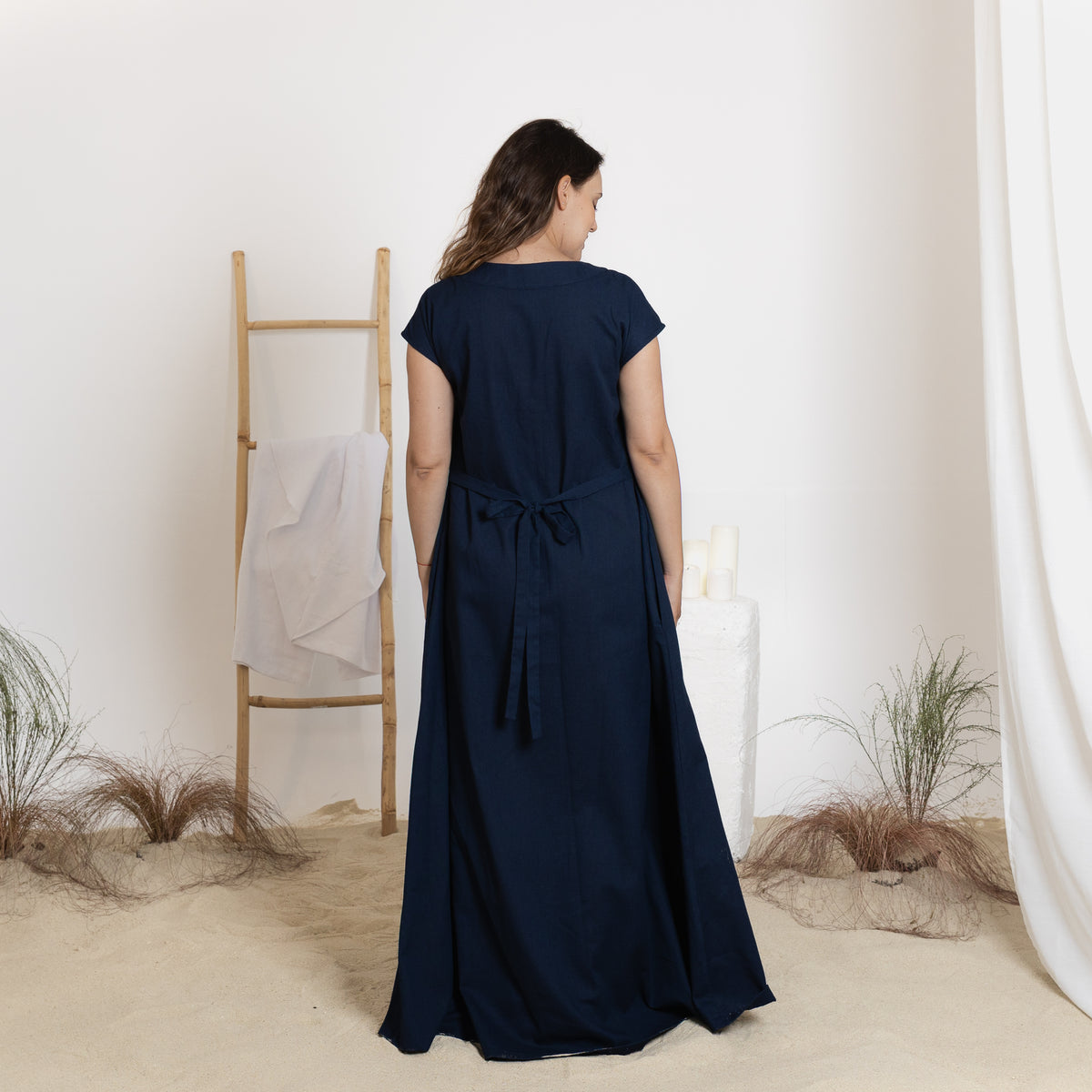 Back view of maxi linen dress with back tie
