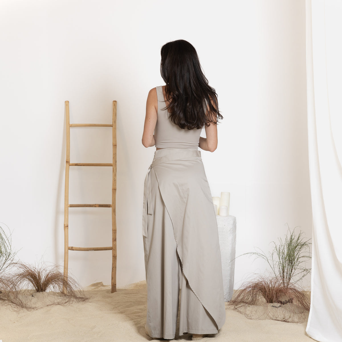 Back view of wrap cotton pants