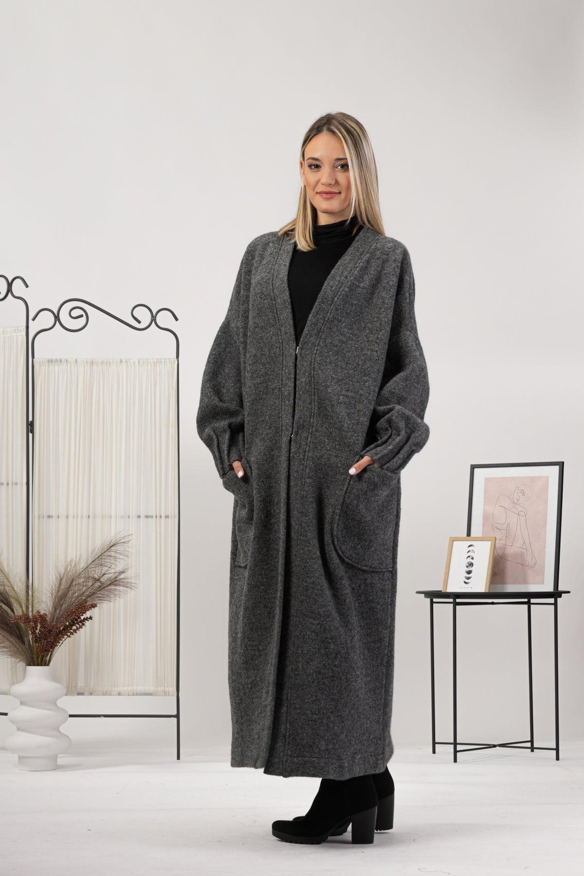 Prussian Blue Warm Wool Maxi Cardigan being worn with a scarf and beanie - from NikkaPlace | Effortless fashion for easy living