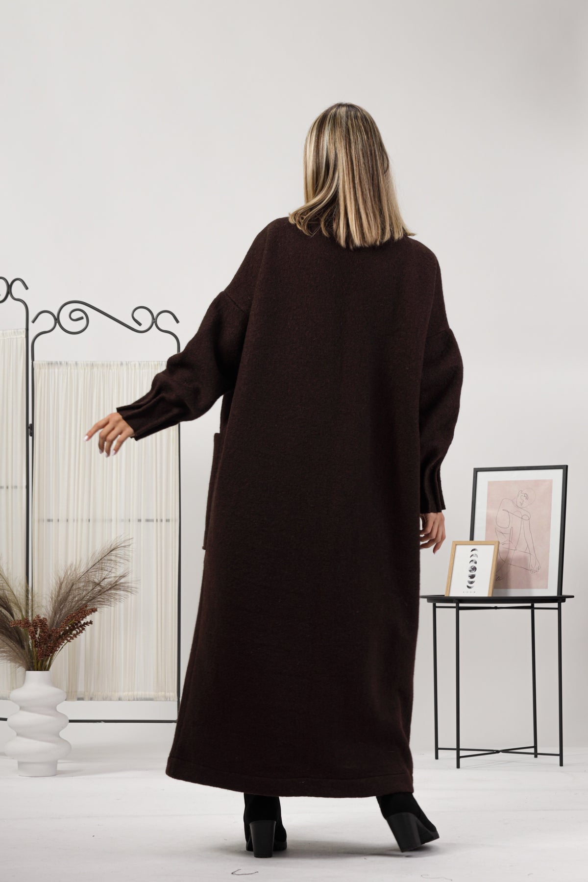 Prussian Blue Warm Wool Maxi Cardigan being worn with a scarf and boots - from NikkaPlace | Effortless fashion for easy living