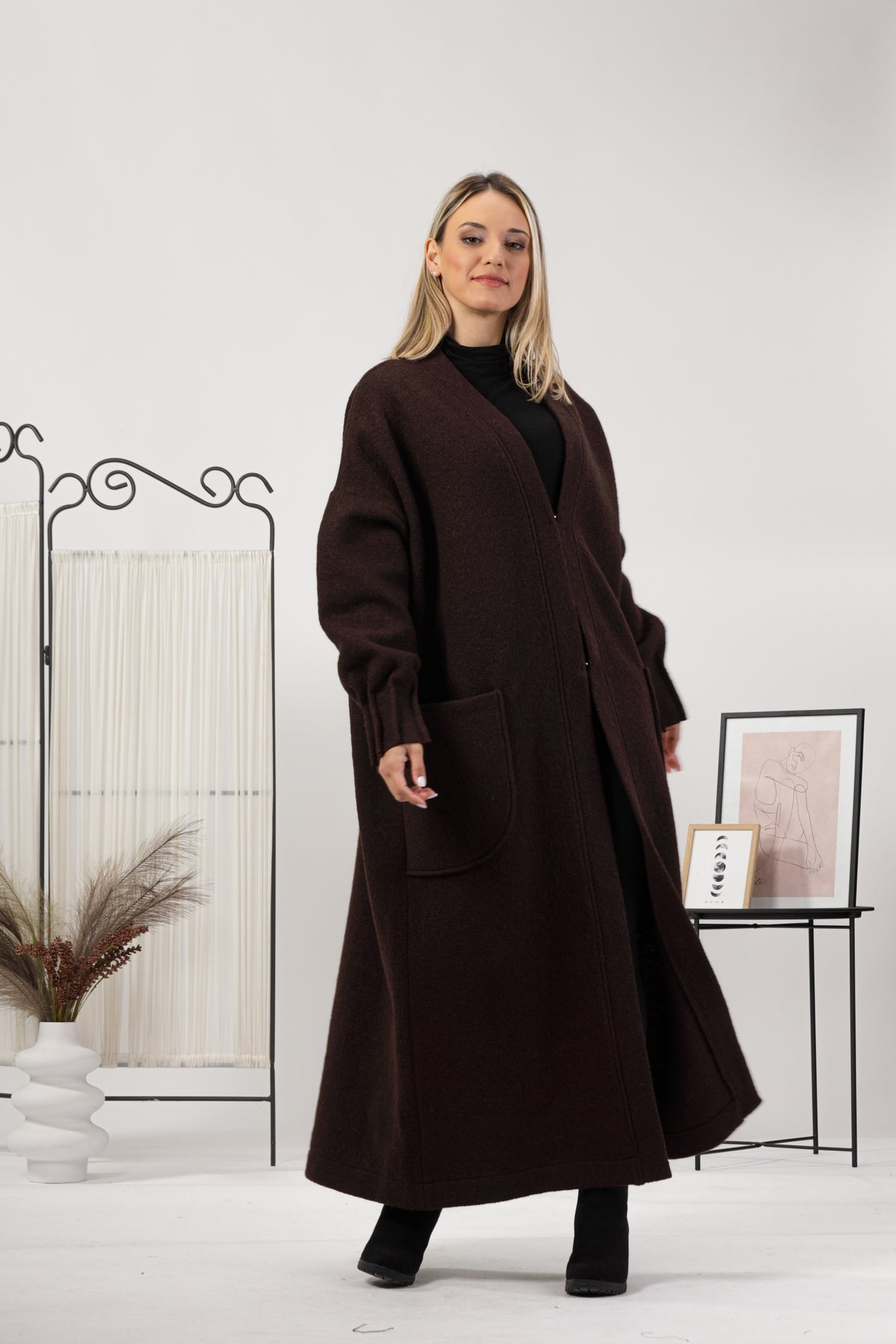Prussian Blue Warm Wool Maxi Cardigan being worn with a dress and heels - from NikkaPlace | Effortless fashion for easy living