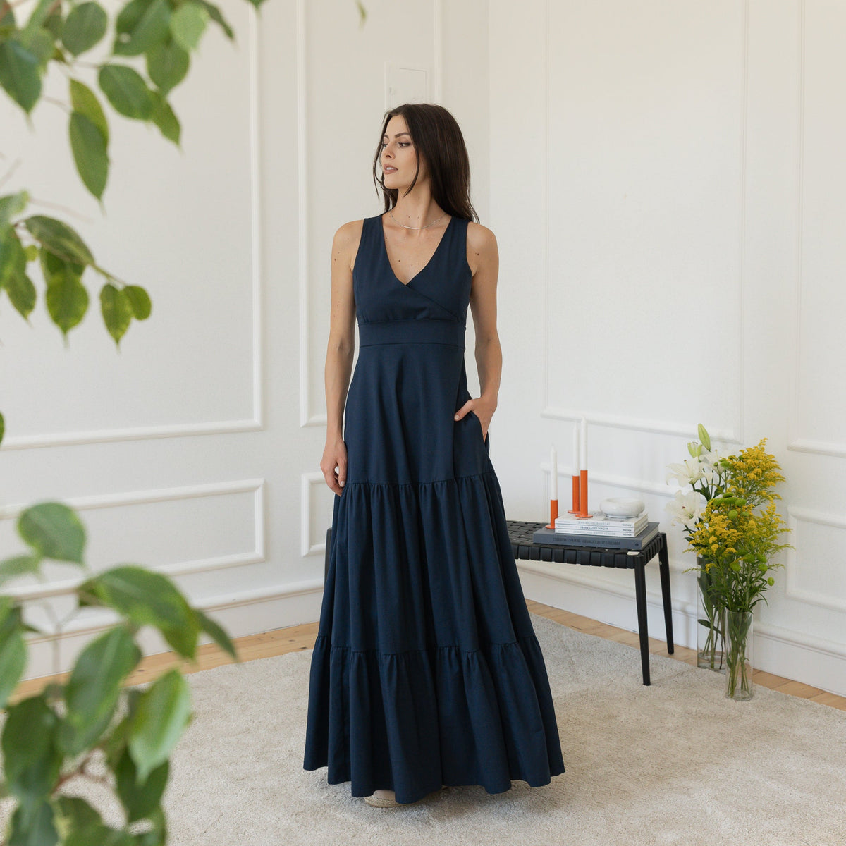 Maxi Cotton Dark Blue Sleeveless Summer Dress, navy cotton, spring wedding guest outfits