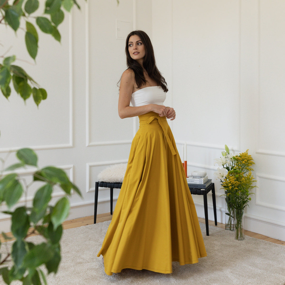 Maxi Floor Length A-Line Skirt with Ultra High Waist in Mustard Color - cotton vs linen skirt
