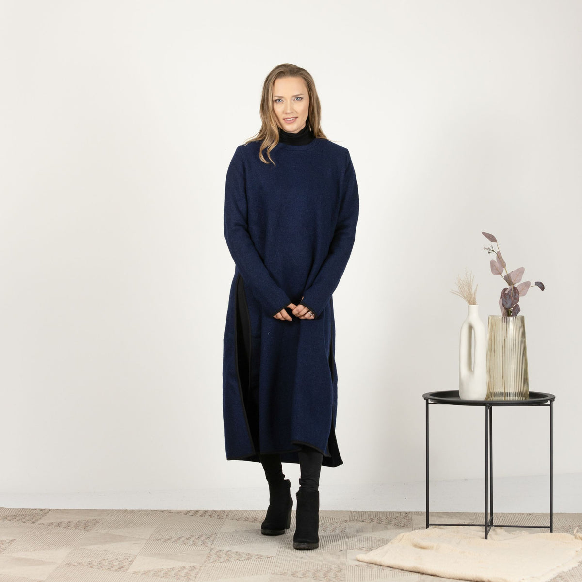 Front view of the Dark Blue Wool Winter Sweater Dress, showcasing the rich color and the classic crew neckline for a timeless look