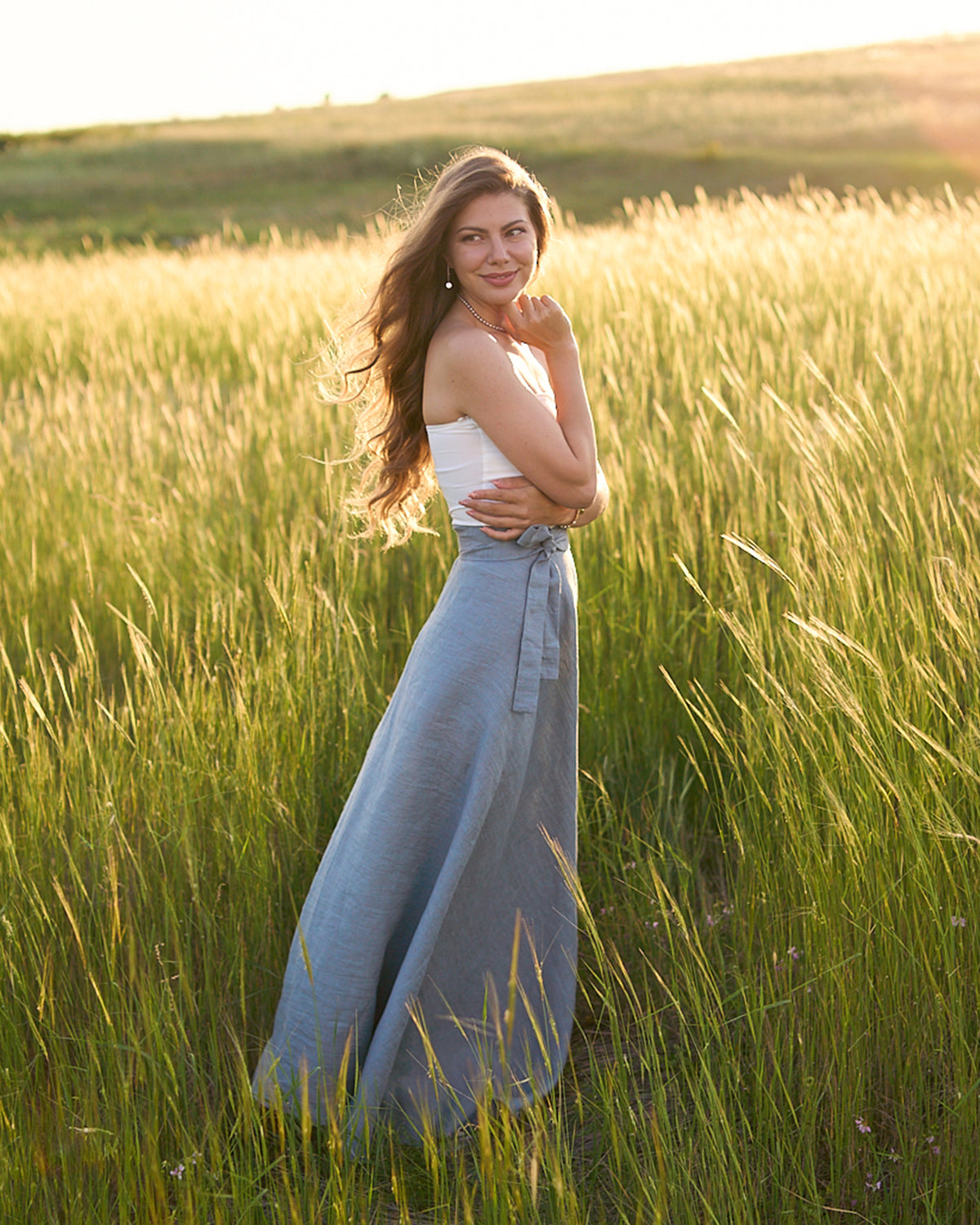 Maxi linen dusty blue skirt front view