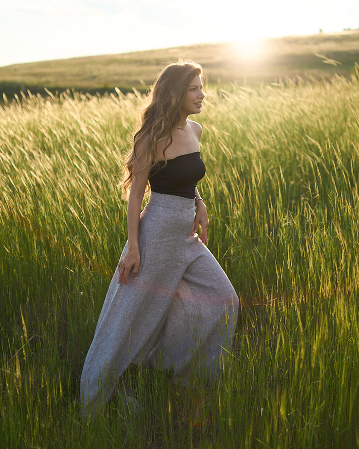 Maxi linen gray melange pants side view