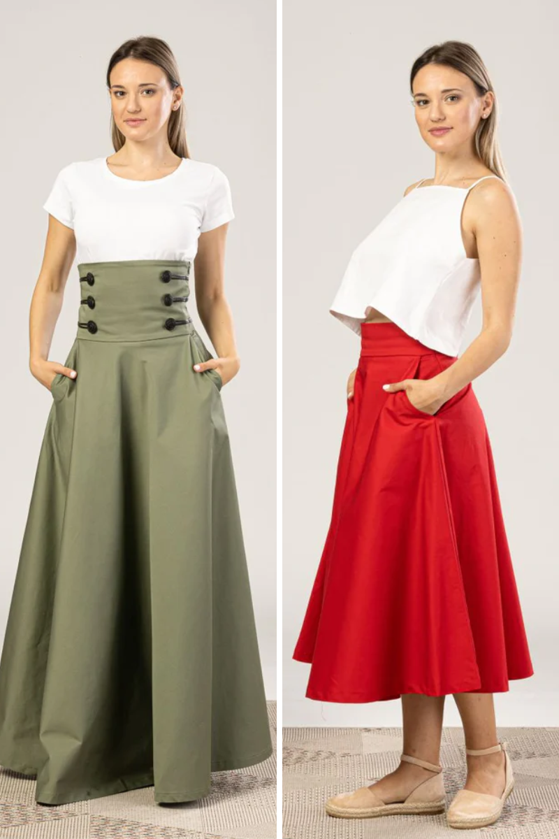 Flat lay of Empire and Circle Skirts side by side.

