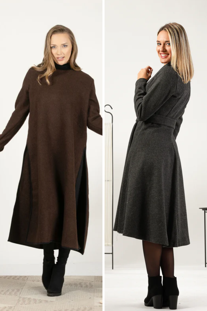 Sweater and belted wool dresses


