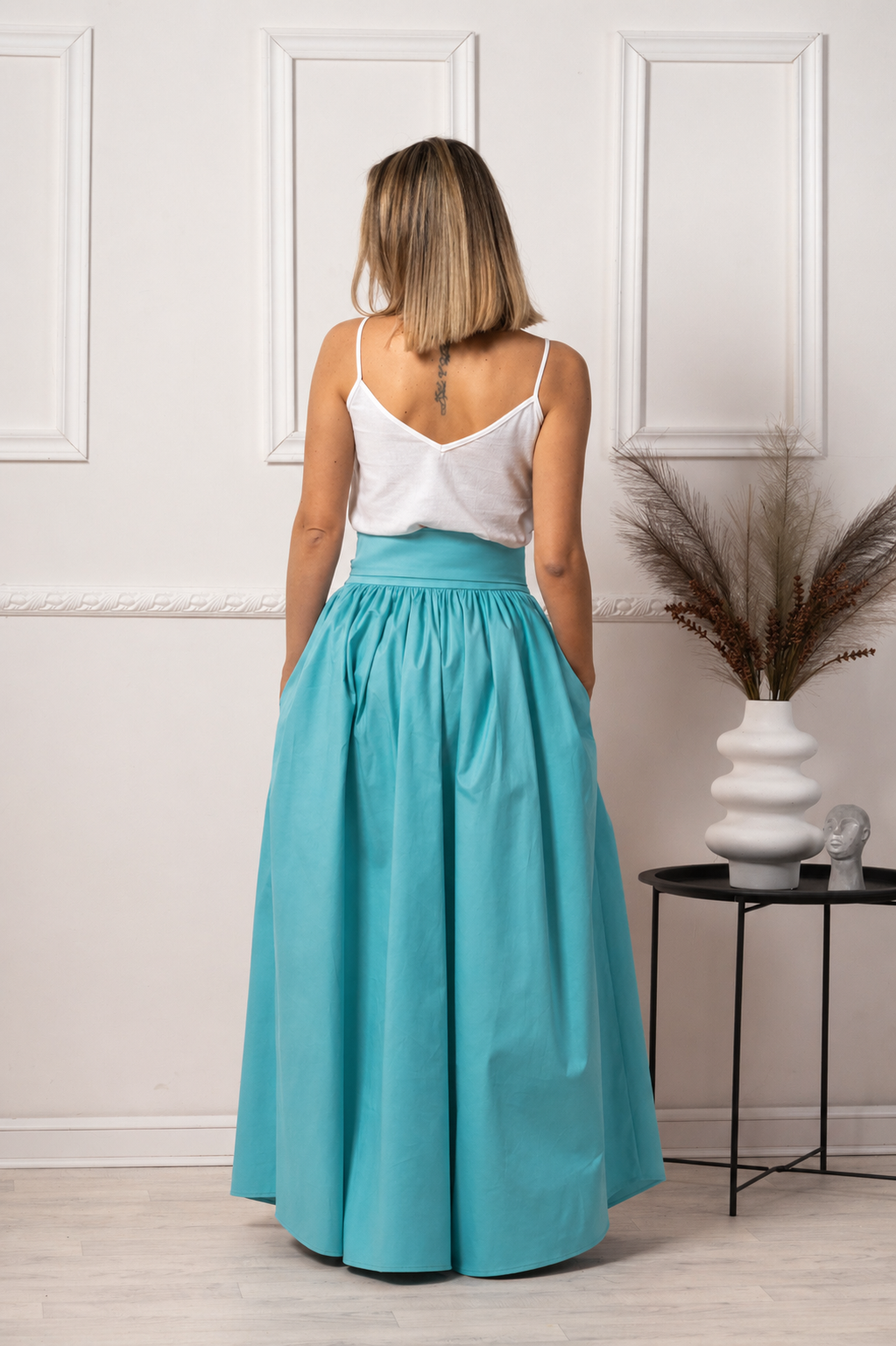 Back view turquoise cotton skirt