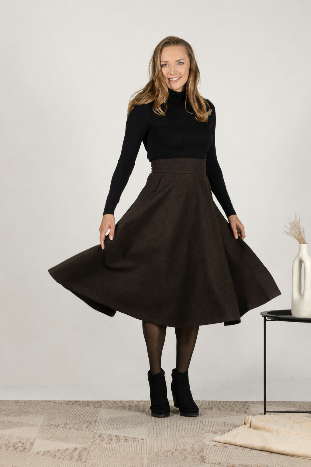 High-waisted wool midi skirt in dark brown