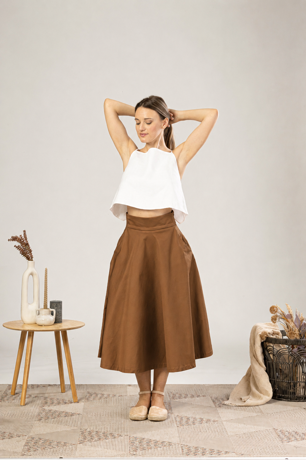 High Waisted Cotton Skirt in Light Brown