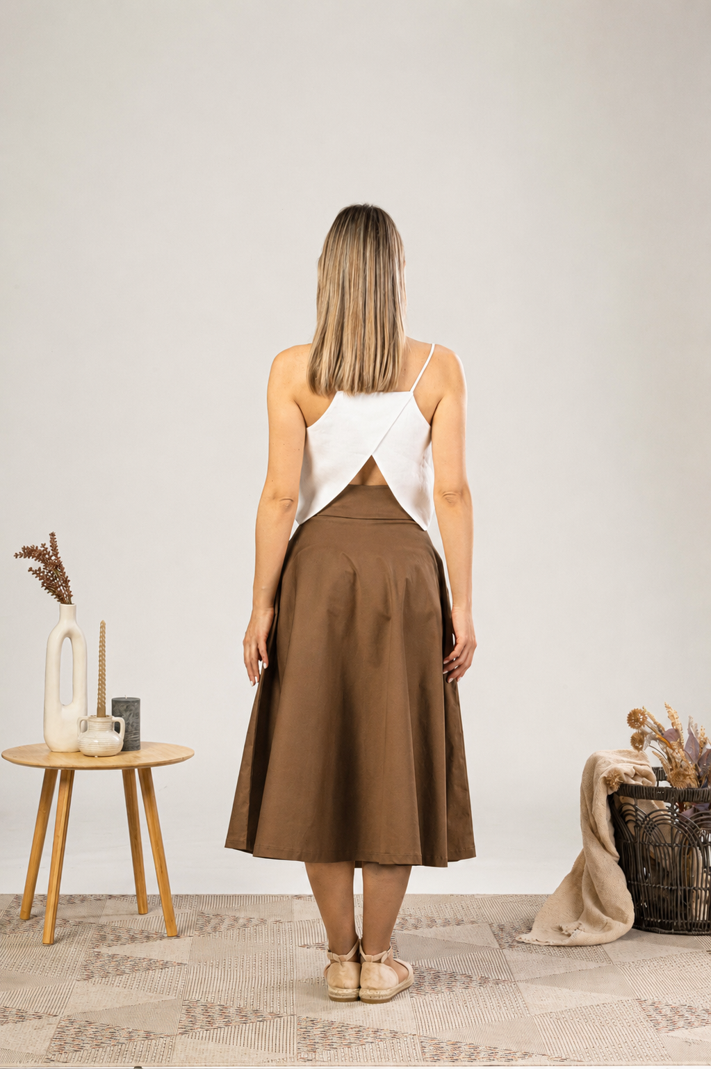 High Waisted Cotton Skirt in Light Brown